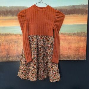 Rust Orange Knit Bodice Floral Skirt Kids Dress